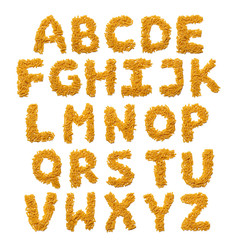 English alphabet from dry pasta on a white isolated background. Food pattern made from macaroni tubes. Bright alphabet for shops.
