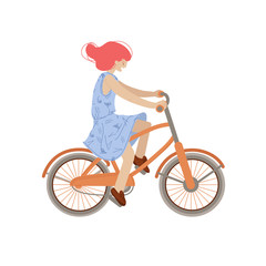 Cute girl ride a city bike. Smiling happy woman on a bicycle, vector illustration, doing summer sport activities, isolated on white background