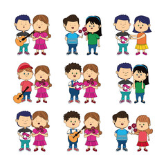 icon set of cartoon happy couples standing with gifts, colorful design