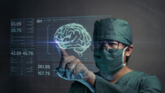 Surgeon Touching Screen for Accessing Brain Patient Data. Future Medical Concept.