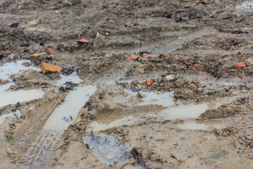 impassable forest road of mud and clay, offroad