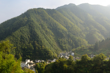 Fototapeta premium Small mountain farming community of Dongchong near Feng Le Lake Huangshan China