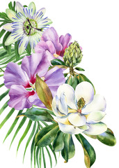 Bouquet of flowers, magnolia, hibiscus, passiflora with green leaves, passion flower, palm tree, green leaves, hand drawn jungle illustration. Stock illustration, wedding invitations, greeting cards.