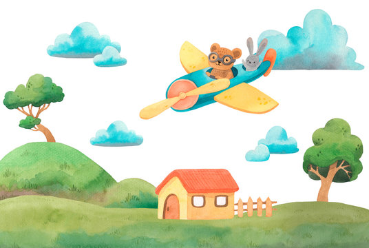 Watercolor kid landscape with bunny and bear in plane. Clouds, trees. house