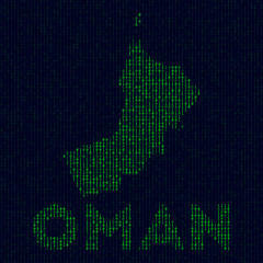 Digital Oman logo. Country symbol in hacker style. Binary code map of Oman with country name. Neat vector illustration.