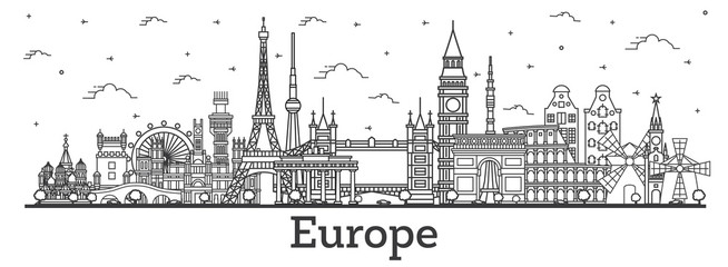 Outline Famous Landmarks in Europe. - obrazy, fototapety, plakaty