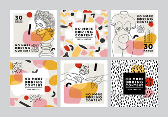 Modern abstract cards with ancient sculptures. Set of vector banners in trendy contemporary style.