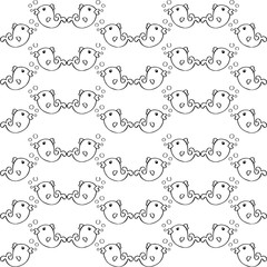 hand drawn Cute Fish with bubble. black and White Pattern. Cartoon Illustration