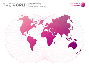 Low poly world map. Van der Grinten IV projection of the world. Red Purple colored polygons. Beautiful vector illustration.