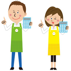 保育士の働く男女が電卓を持つ