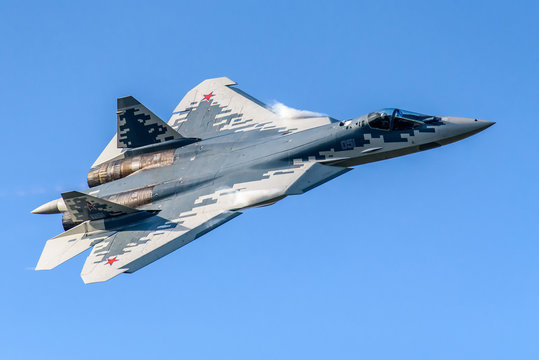 Jhukovsky, Ramenskoye airfield - August 2019: Russian 5th generation jet fighter Sukhoi Su-57 (PAK-FA, T-50)