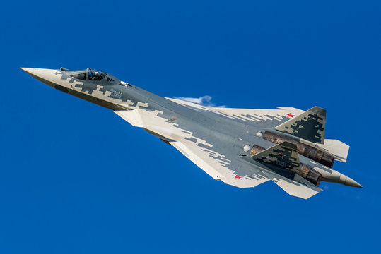 Jhukovsky, Ramenskoye airfield - August 2019: Russian 5th generation jet fighter Sukhoi Su-57 (PAK-FA, T-50)