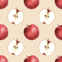 Pattern with watercolor red apples.