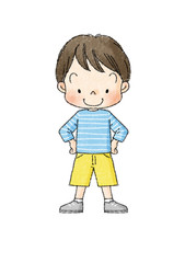 男の子　全身正面　腰に手　（黒線）