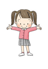女の子　全身正面　両手広げる　（黒線）