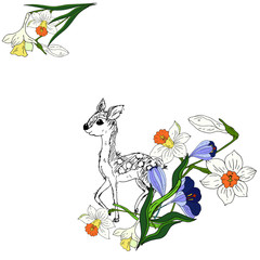 Spring flowers and deer. Vector illustration.