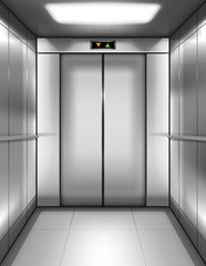 Empty elevator cabin with closed doors and digital display with arrows up and down. Vector realistic interior of passenger or cargo lift with metal walls and handrails in office building or house © klyaksun