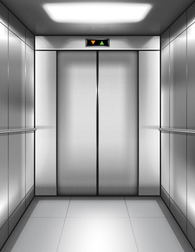 Empty elevator cabin with closed doors and digital display with arrows up and down. Vector realistic interior of passenger or cargo lift with metal walls and handrails in office building or house