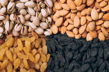 Nuts (pistachios, raisins, almonds, hazelnuts) are located in a rectangular shape.