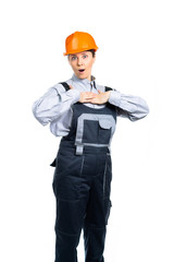 Girl engineer builder gesture surprised by the work done. Isolated