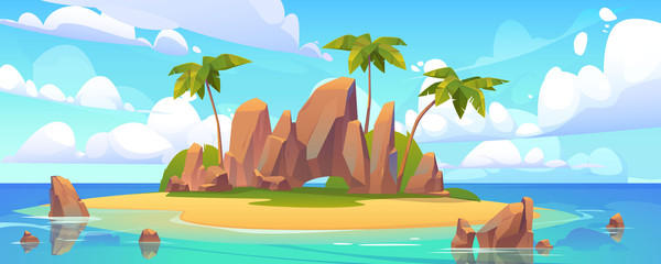 Fototapeta na wymiar Island in ocean, uninhabited isle with beach, palm trees and rocks surrounded with sea water and cloudy sky above. Tropical landscape, empty land with sand and no people Cartoon vector illustration