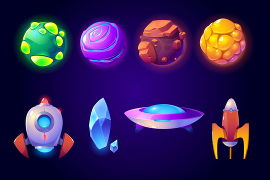 Planets, rockets and alien ufo set isolated on blue background. Fantasy computer game graphic design elements, cosmic collection of funny spaceship shuttles, asteroids Cartoon vector illustration