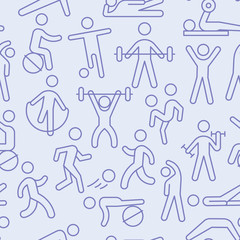 Seamless workout sport pattern. Fitness and gym icons pattern background. Vector graphics