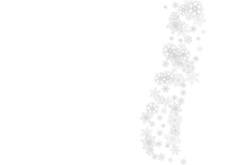 Snowflakes falling on white background. Horizontal Christmas and Happy New Year theme. Silver falling snowflakes for banner, gift card, party invitation, partner compliment and special business offers