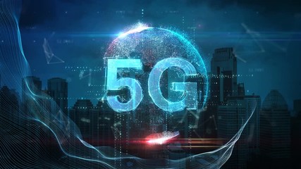 5G 3D Text over Blue City Background.Globe Animation. - Powered by Adobe