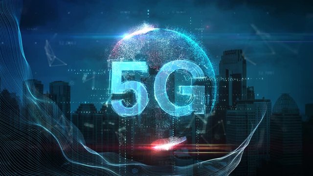 5G 3D Text over Blue City Background.Globe Animation.