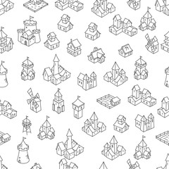 Fototapeta na wymiar Middle Ages buildings seamless pattern background. Medieval fantasy fortress, house and castle sketch. Hand drawn vector black line.