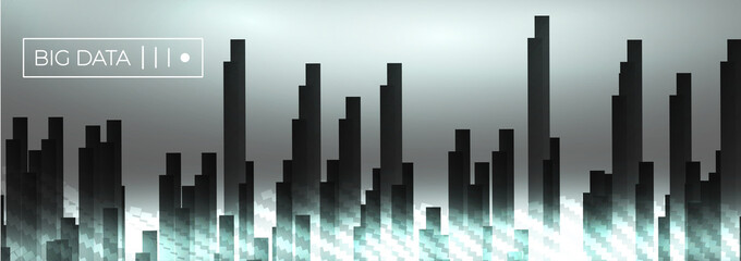 Big data dark block glowing wave vector background. City buildings in foggy white data flow particles. Vector neuro network concept.