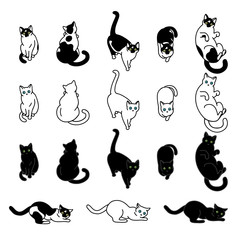 Cute black and white cats set, funny pet collection, vector illustration
