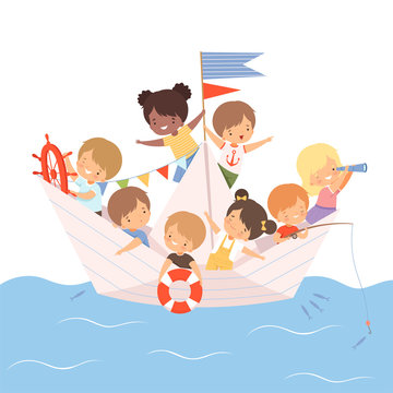 Team of Cute Little Kids Sailing on a Paper Boat Vector Illustration