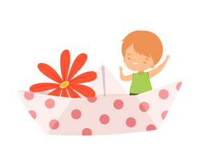 Cute Little Boy Sailing on a Paper Boat with Flower Vector Illustration