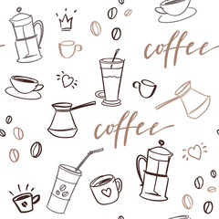 Decorative vector seamless pattern with illustration of cups, coffee beans and handwritten brush lettering. 