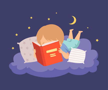 Cute Boy Lying On A Cloud At Night And Reading A Bedtime Story Vector Illustration