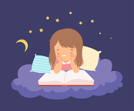 Cute Little Girl Lying on a Cloud at Night and Reading a Bedtime Story Vector Illustration