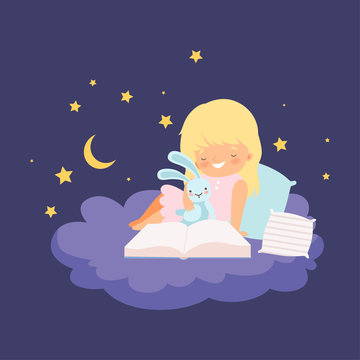Cute Blonde Little Girl Sitting on a Cloud at Night and Reading a Book Vector Illustration