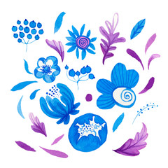 A watercolor set of blue classic and purple flowers and leaves for ornamentation. Illustrations of hand drawn on white isolated background.Design for postcard,pattern,textiles,wrapping paper.