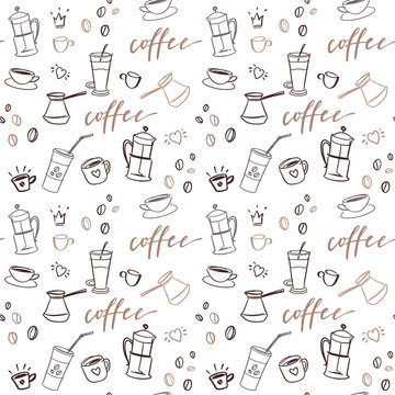 Background with beverages dishes line art and calligraphy on white background. © taash