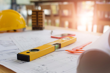 Architect desk ,Business,engineering concept,construction site, soft focus, vintage tone, working...