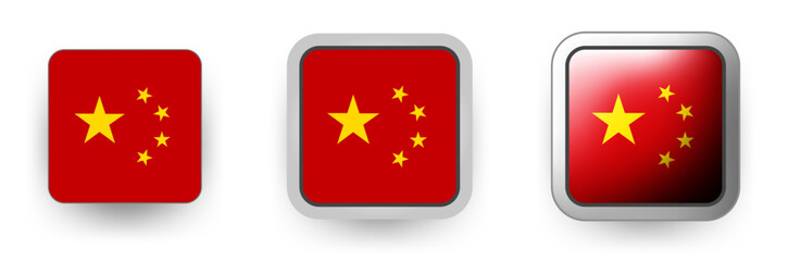 6 vector icons of China - flag shield button and cogwheel, flat and volumetric style in flag colors red, yellow for poster, flyer