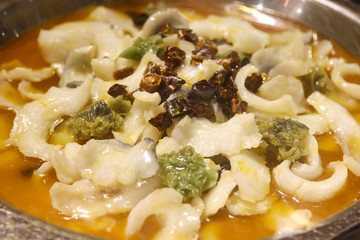 dish of stewed squid as background