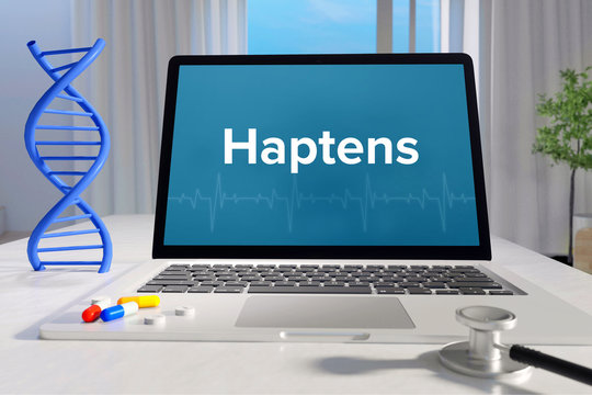 Haptens&ndash; Medicine/health. Computer in the office with term on the screen. Science/healthcare