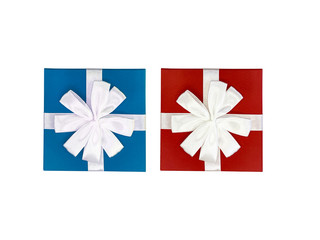 Gift, red box with a white ribbon on a white isolated background.
