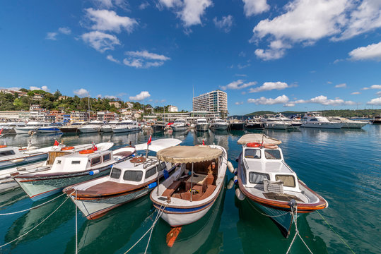 boats and yachts at Tarabya marina in Istanbul with cloudy day