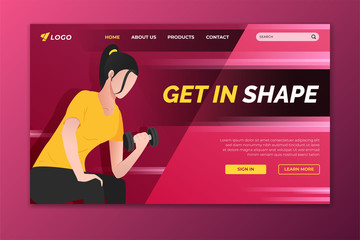 Get in shape landing page with woman working out with dumbbell. Sport web page template for gym, personal trainer and fitness center