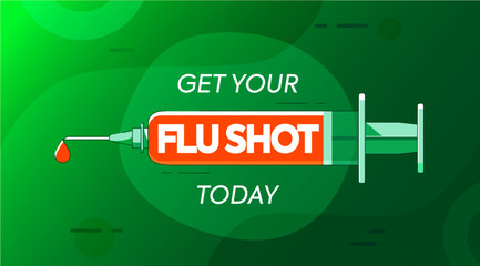 Get flu shot today because winter is coming. Vaccine injection or syringe symbol. Pharmacy jab background. Bright vibrant green vector illustration with lines for medical design.  - obrazy, fototapety, plakaty