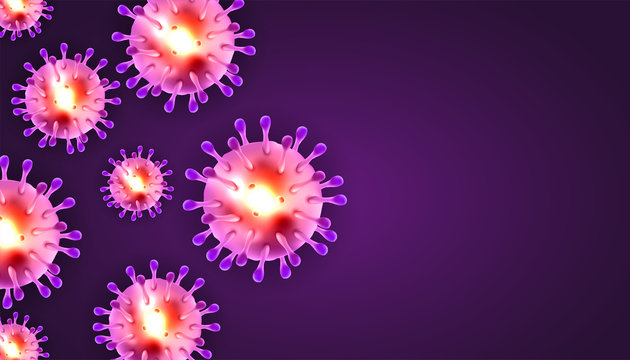 Coronaviruses 3d realistic vector in dark purple background with blank copy space. corona virus cell, wuhan virus disease. Perfect for banner information, flyer, poster, etc